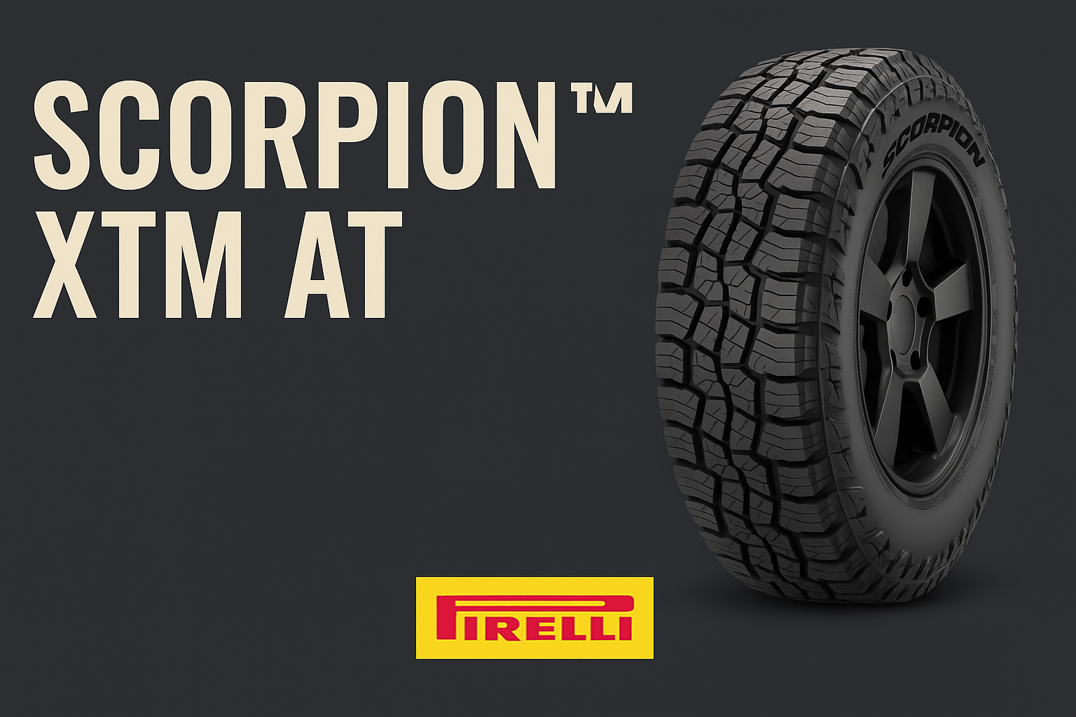 Pirelli Scorpion XTM AT tire on display.