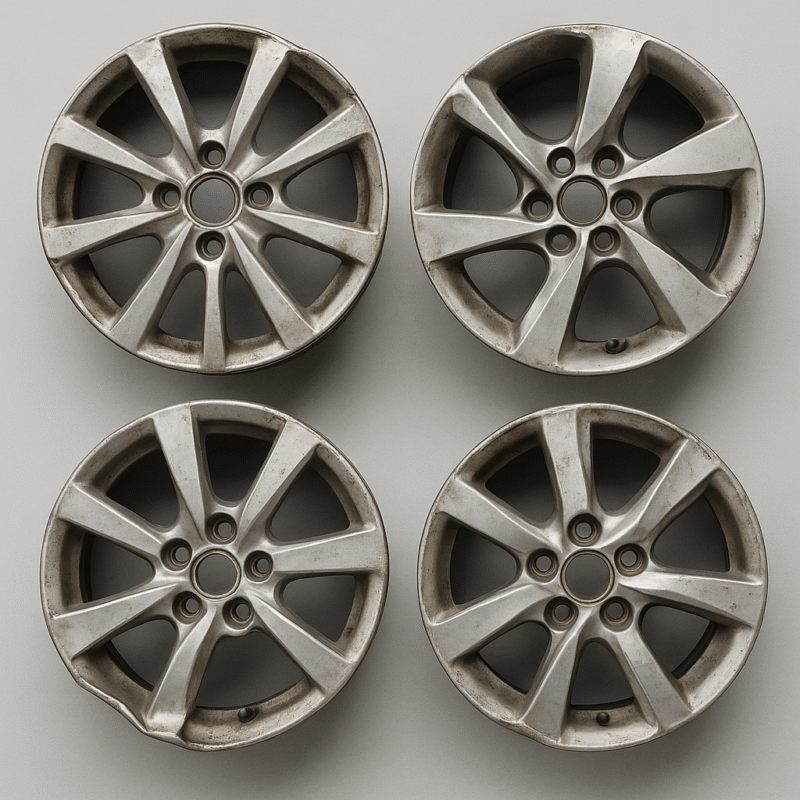 Four silver car wheel rims on display.