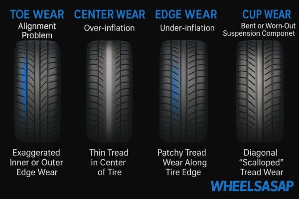 Diagram of tire tread wear types and causes.