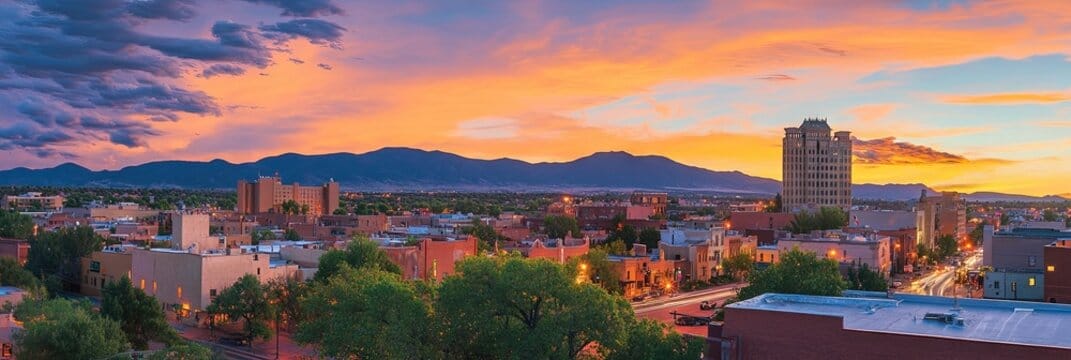 Santa Fe downtown at sunset with mountains.
