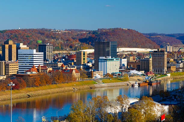 Charleston skyline and Kanawha River scenery in autumn.