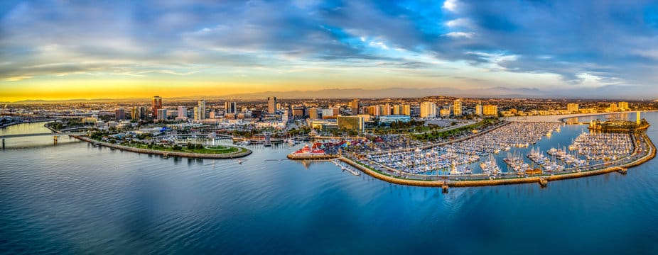 Aerial view of Long Beach marina and city skyline.
